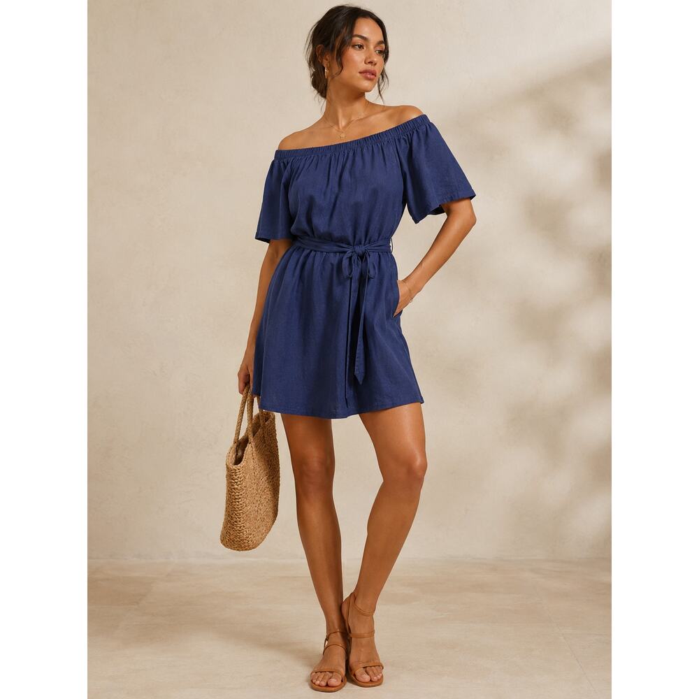 Banana Republic Linen Blend Off Shoulder Mini Dress - Indigo Blue - Size M - Picture 2 of 7